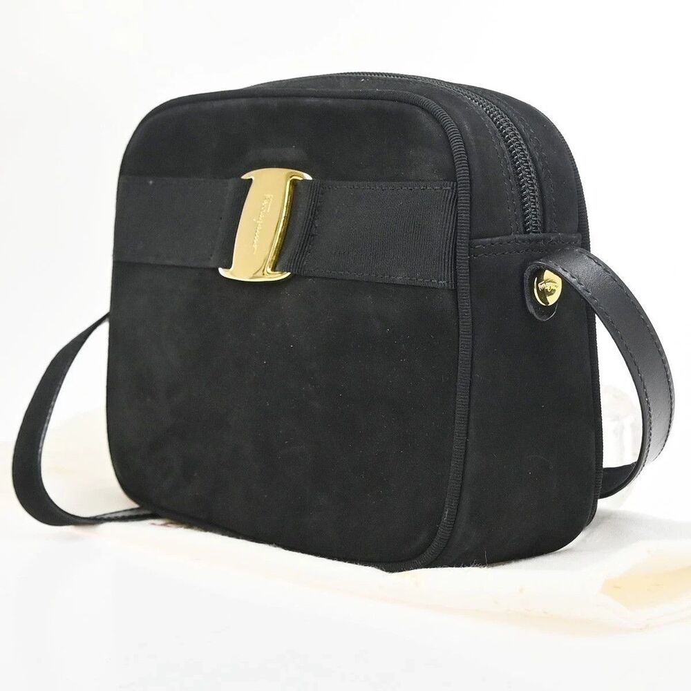 SALVATORE FERRAGAMO Vara Shoulder Crossbody Bag Suede Leather Black